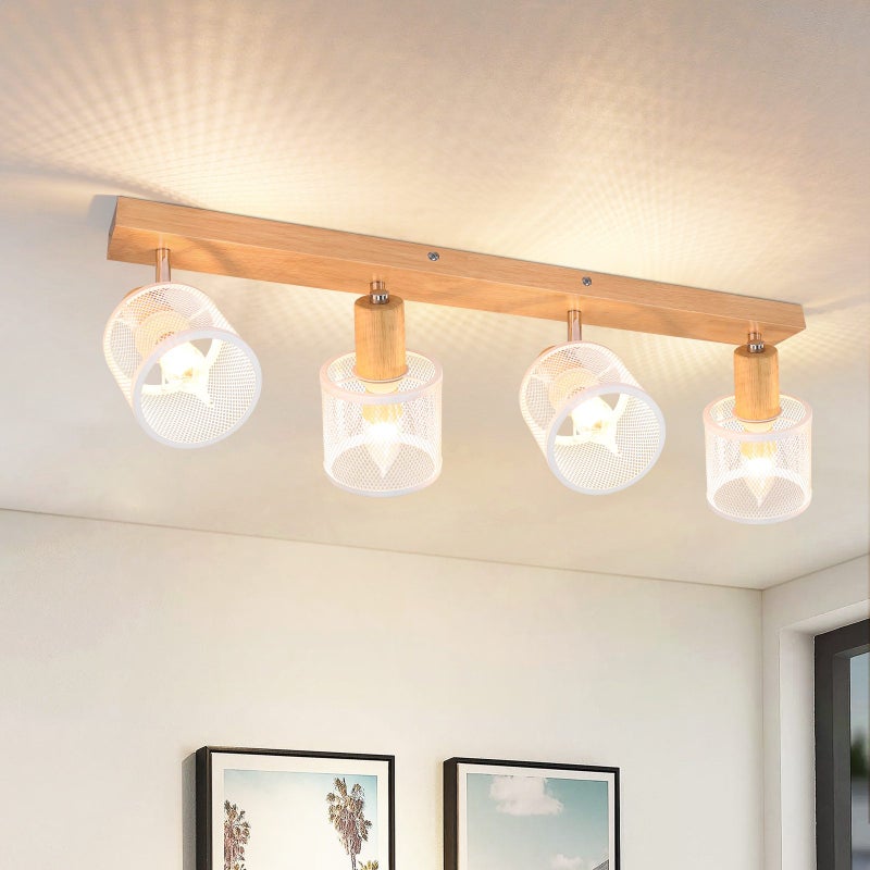 NETTLIFE Lampa sufitowa z 4 białymi Reflektorowakami, imitacja drewna - E14, lampa sufitowa regulowana o 350°, 4 żarówki o maksymalnej mocy 25 W
