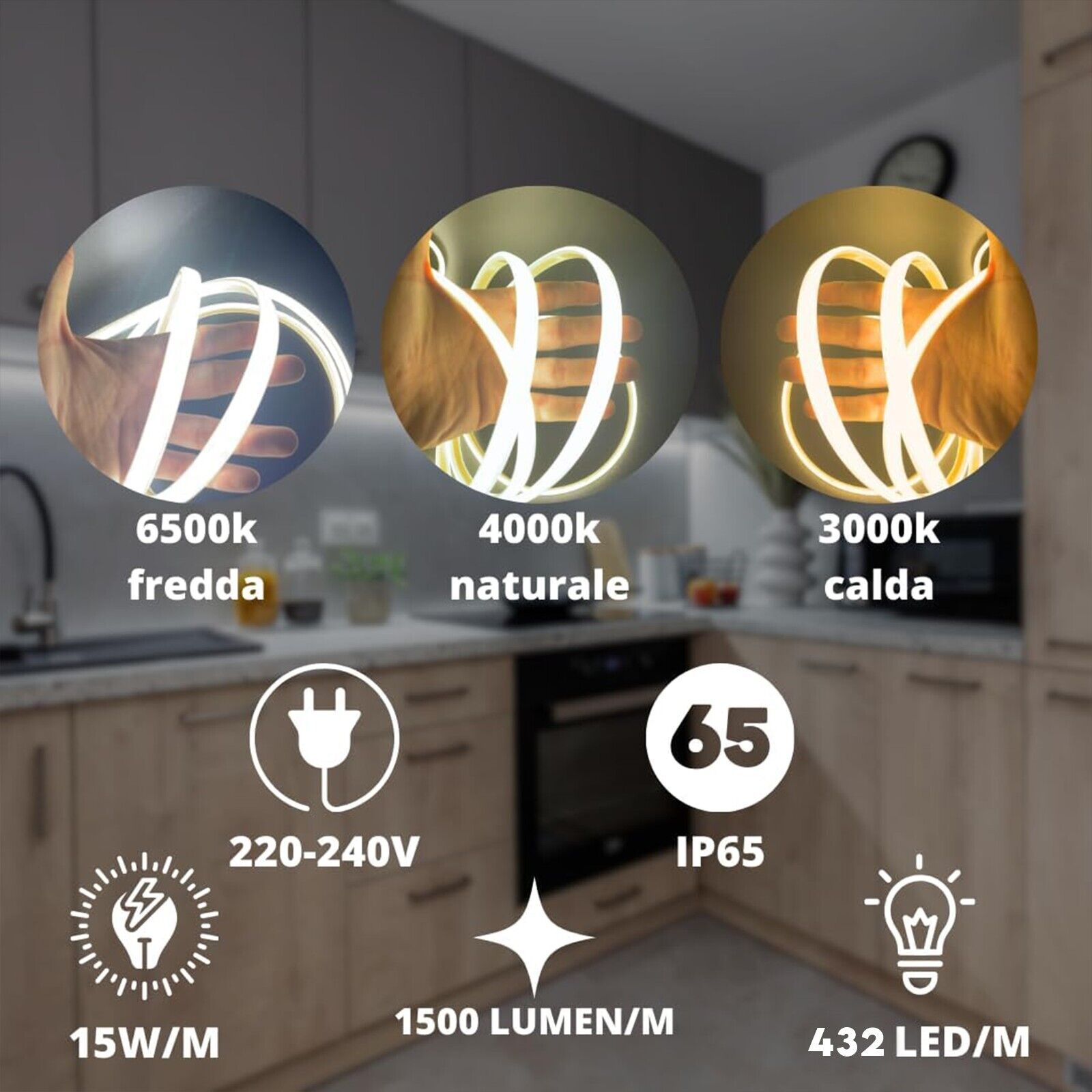 Striscia Led Cob 220V Alta Luminosità 288 Luci al Metro Ip65 Impermeabile Luce Effetto Neon Diverse Misure e Colori Decorazione COB 1MT 6500K - 6