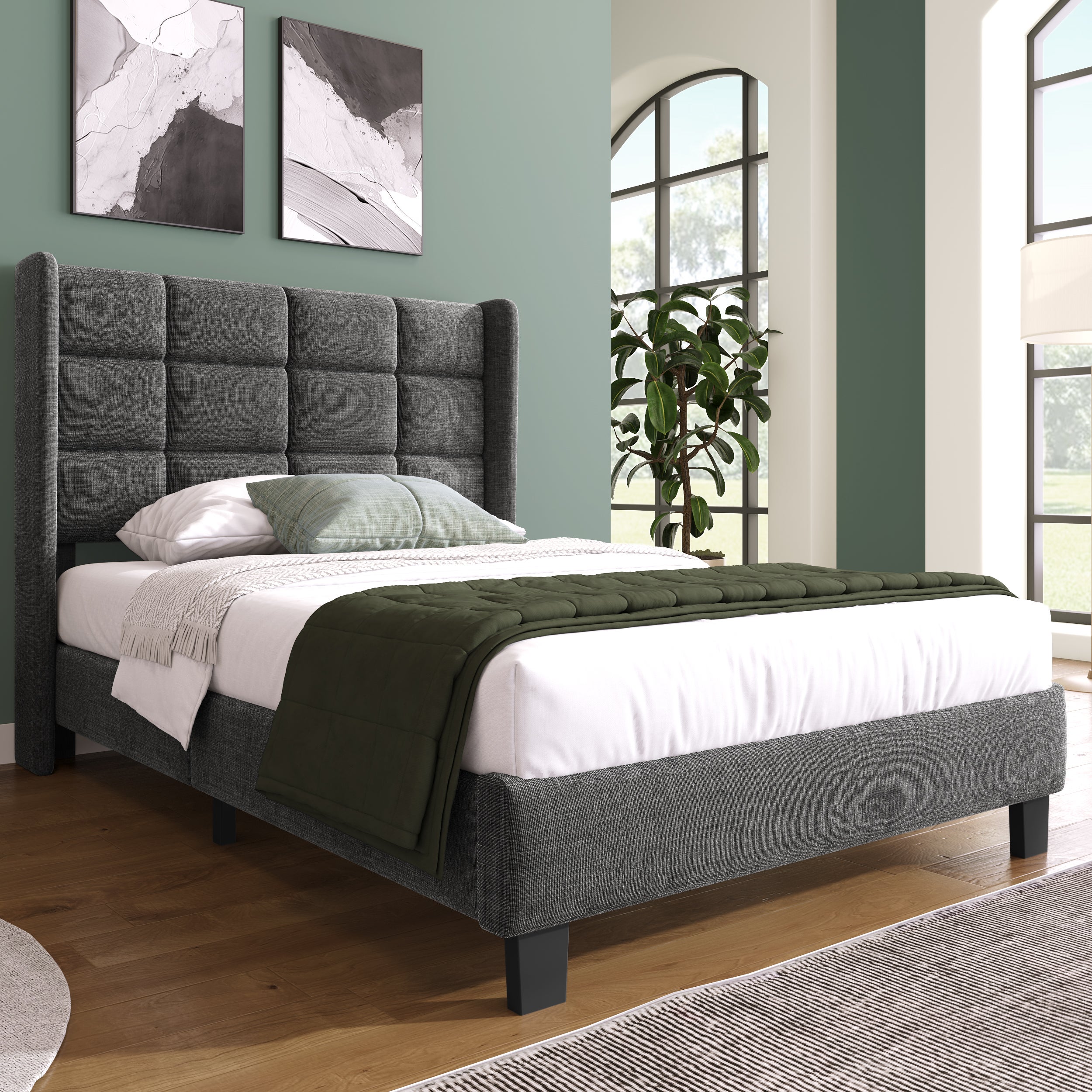 Łóżko tapicerowane z lnu - 90x200cm - z wezgłowiem i stelażem na listwy - Szare - 3