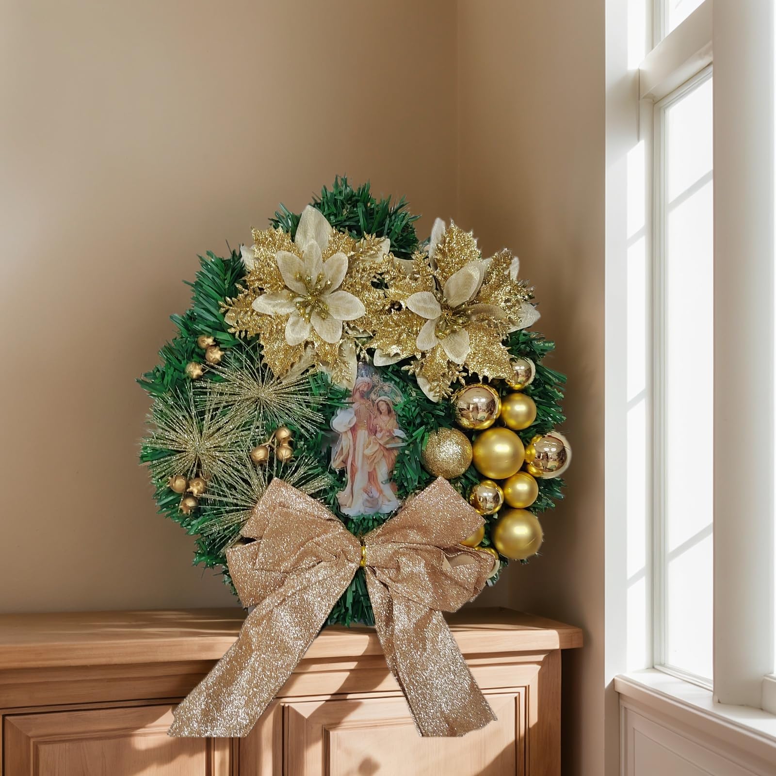 Ghirlanda decorativa natalizia, ghirlanda artificiale,ghirlanda da appendere,decorazione per esterni, adatta per porta d'ingresso,ornamenti,oro,30cm - 5