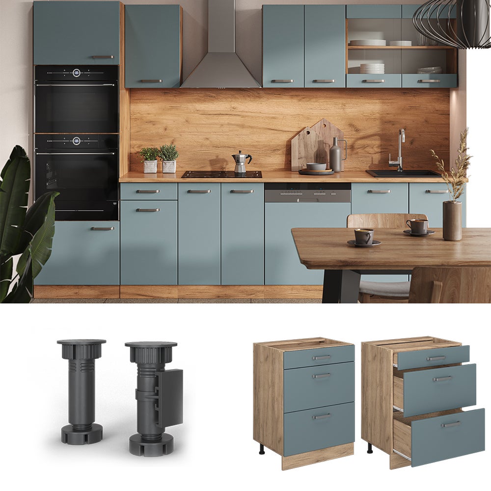 Vicco Meuble cuisine R-Line, Bleu-gris/Chêne de force doré, 60cm PT Marbre - 2