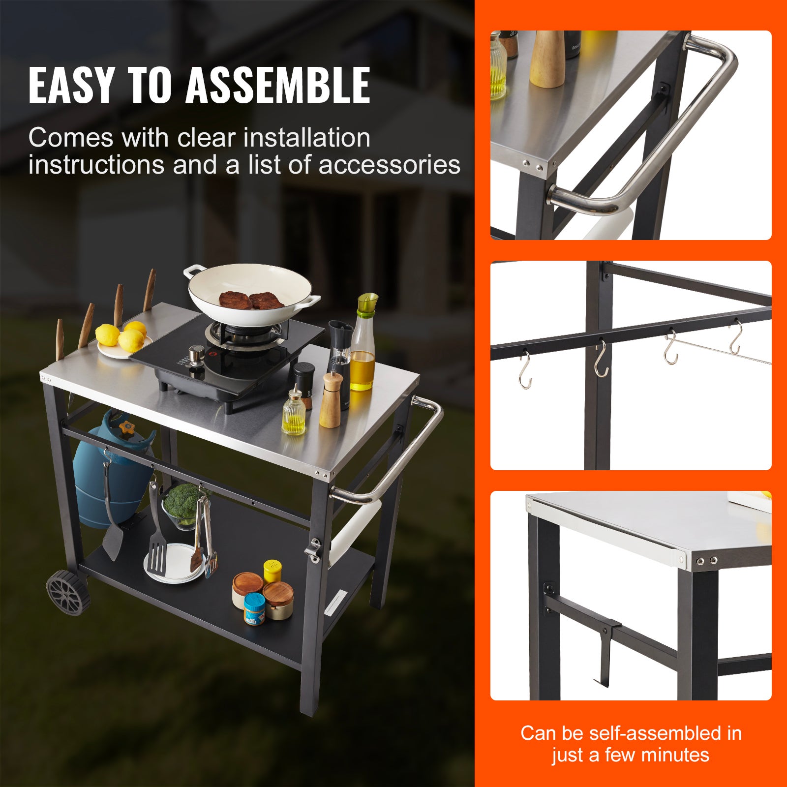 Desserte Plancha à VEVOR 2 Niveaux Chariot de Barbecue avec Grand Plan de Travail en Inox 85 x 55 cm Table de Barbecue sur Roulettes pour Four à Pizza - 6