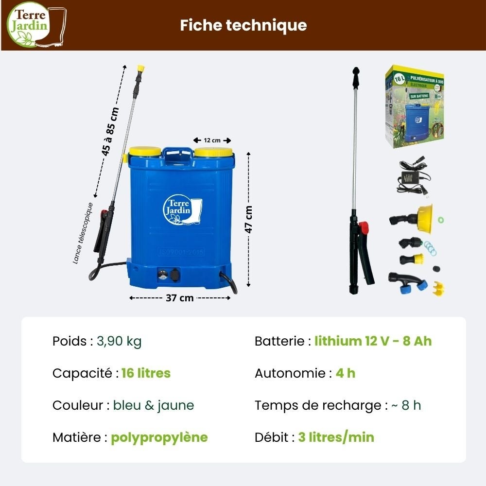 Pulvérisateur électrique pression réglable - Autonomie 4h rechargeable - 16 L - Pression Réglable 4,5 bar - 2