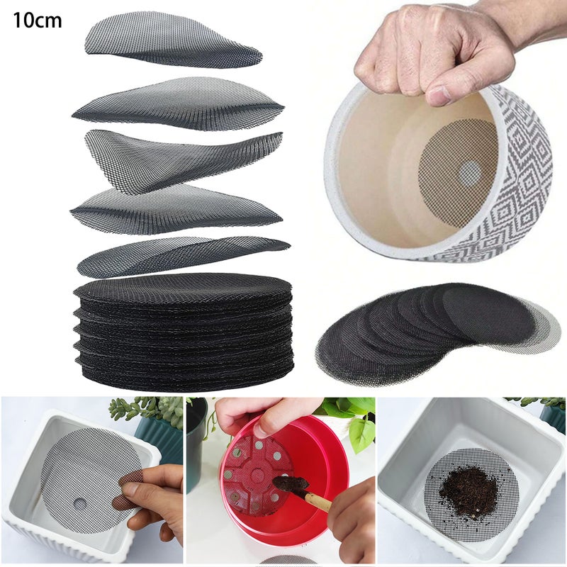 200 sztuk siatki do otworów w doniczkach, ekrany do otworów drenażowych w doniczkach o średnicy 10 cm, zapobiegające utracie ziemi, mata z siatki