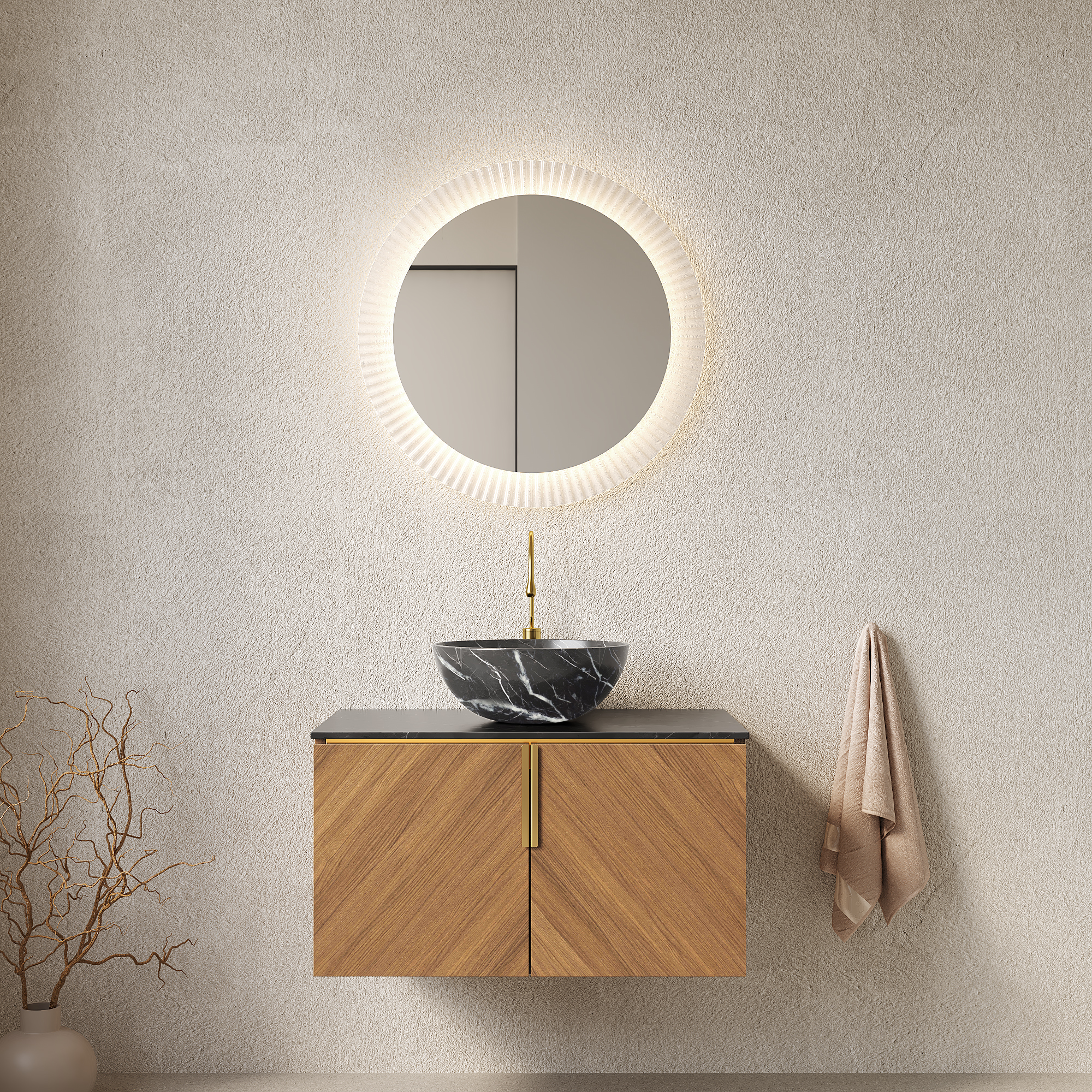 Mueble de baño suspendido de 76 cm con lavabo de cerámica negra (con diseño de piedra) y textura de roble marrón.