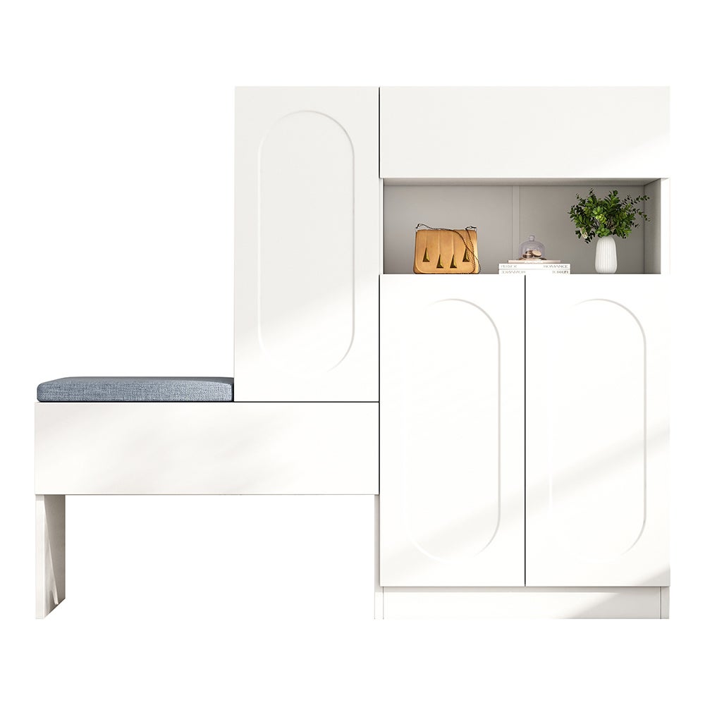 Armoire à chaussures 2-en-1 blanche, portes Soft Close, banc rembourré, 130x35x110cm - 2