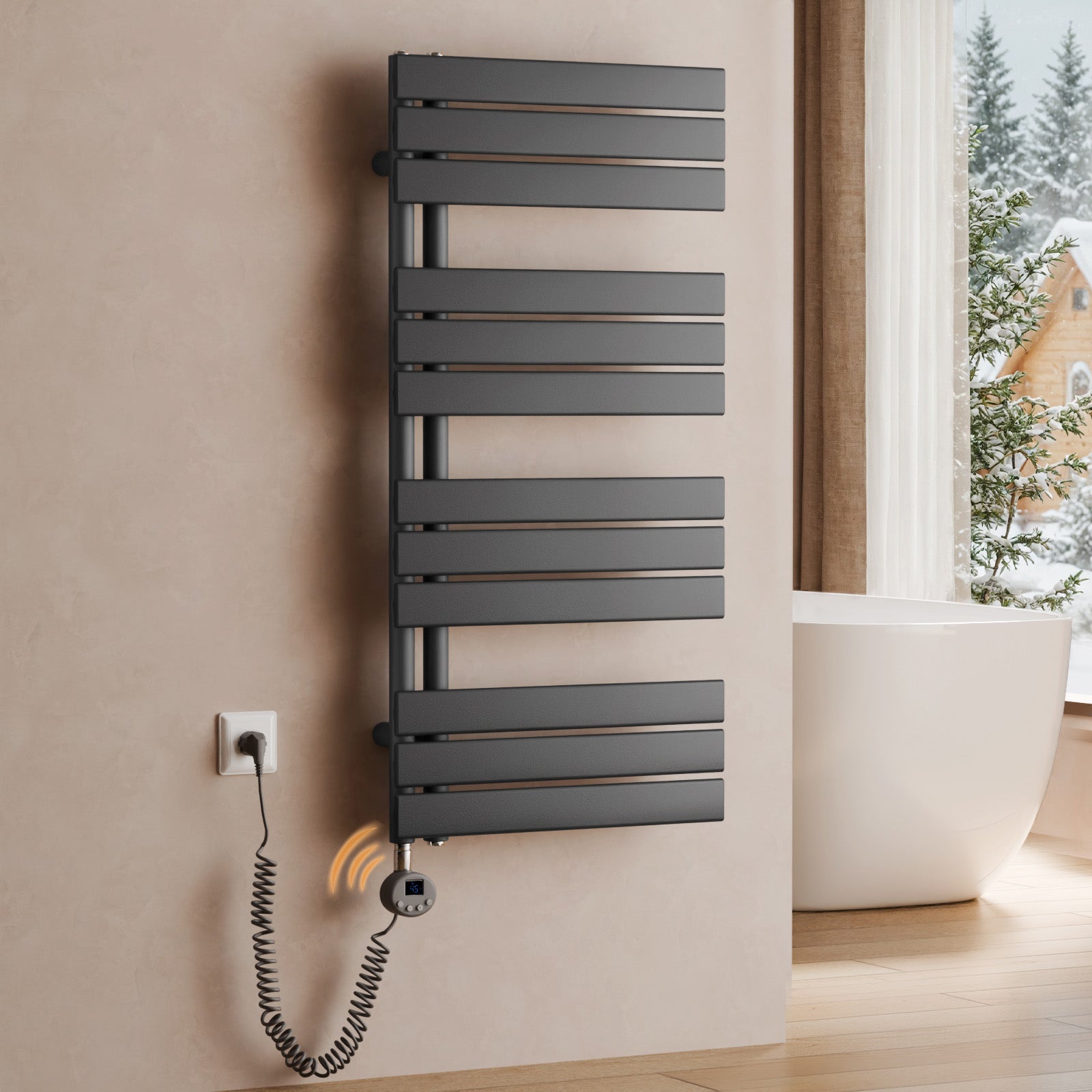 Grzejnik łazienkowy elektryczny WiFi z inteligentnym termostatem – Zdalne sterowanie przez aplikację, montaż na ścianie, antracytowy, 104×50 cm,600W