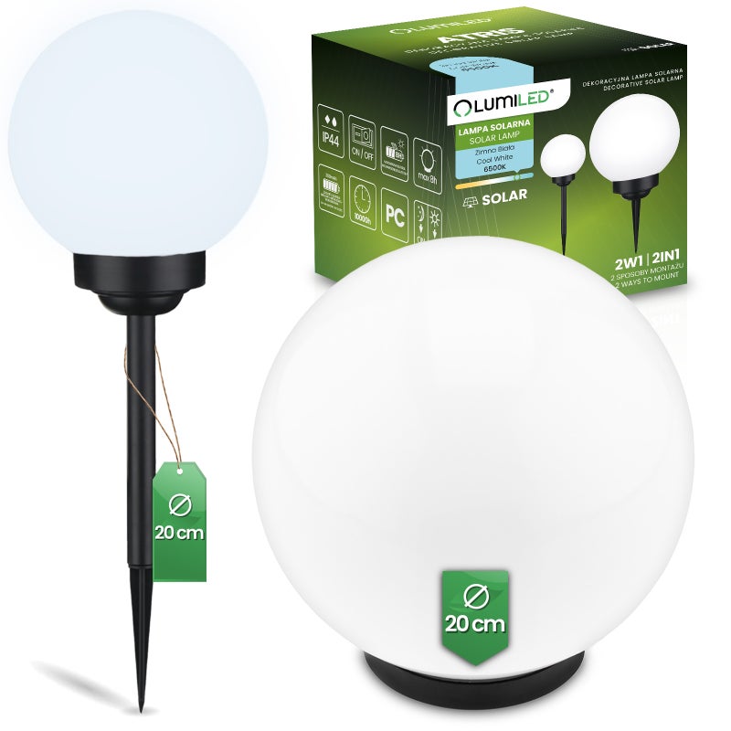 Lampa Solarna Lumiled Ogrodowa LED 6500K Zimna biel IP44 20cm Wbijana Naziemna Biała Kulka 1 szt.