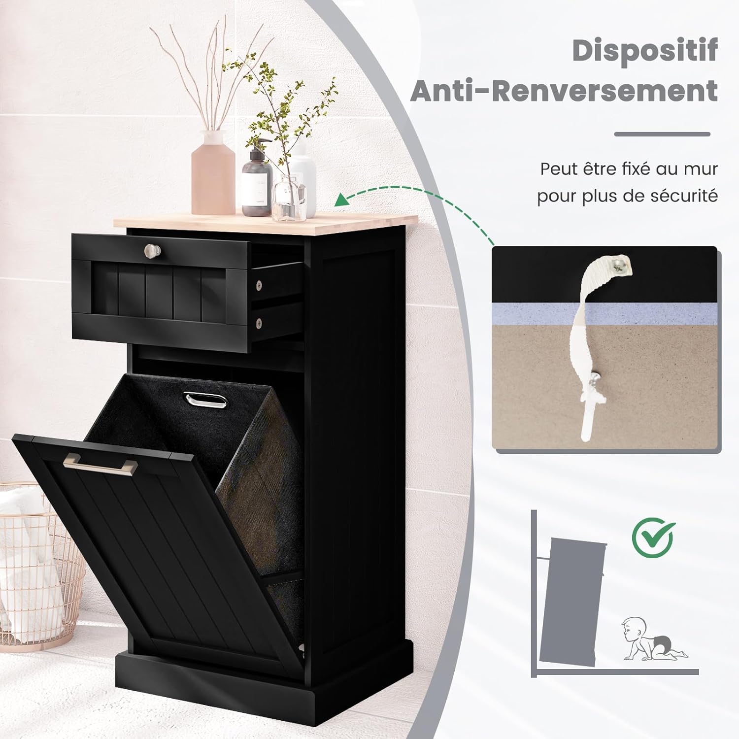 Panier à Linge avec Porte Basculante 38L, Meuble Salle de Bain Rangement 40 x 37 x 82 cm, Gain de Place, pour Petit Espace, Noir - 8