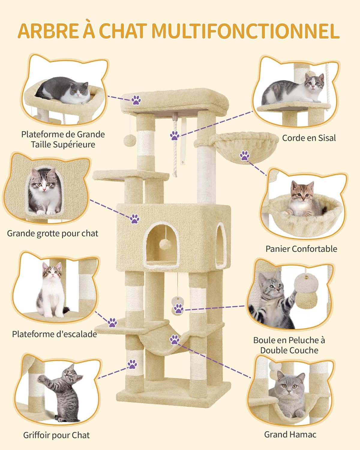 Árvore para Gatos (162 cm de Altura), Torre de Brinquedos, Arranhador com Plataformas Grandes, 5 Postes Arranhadores, 3 Pompons, 1 Rede,Cinza-escuro - 4