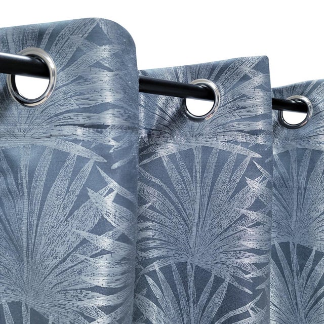 Rideau Jacquard Palme à œillets 140x240cm prêt à Poser, Bleu Nuit.