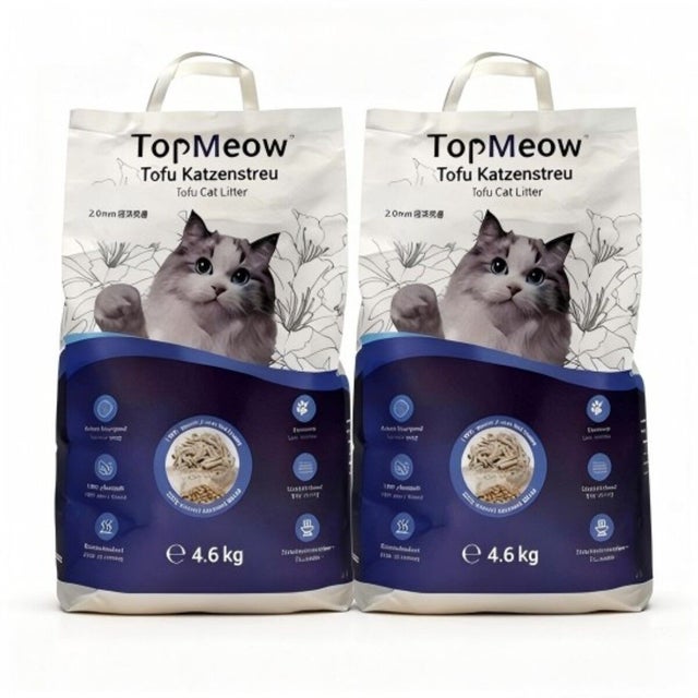 Areia para gatos TopMeow Tofu - 2 pacotes, 9,2 kg, 100% vegetal, sem químicos