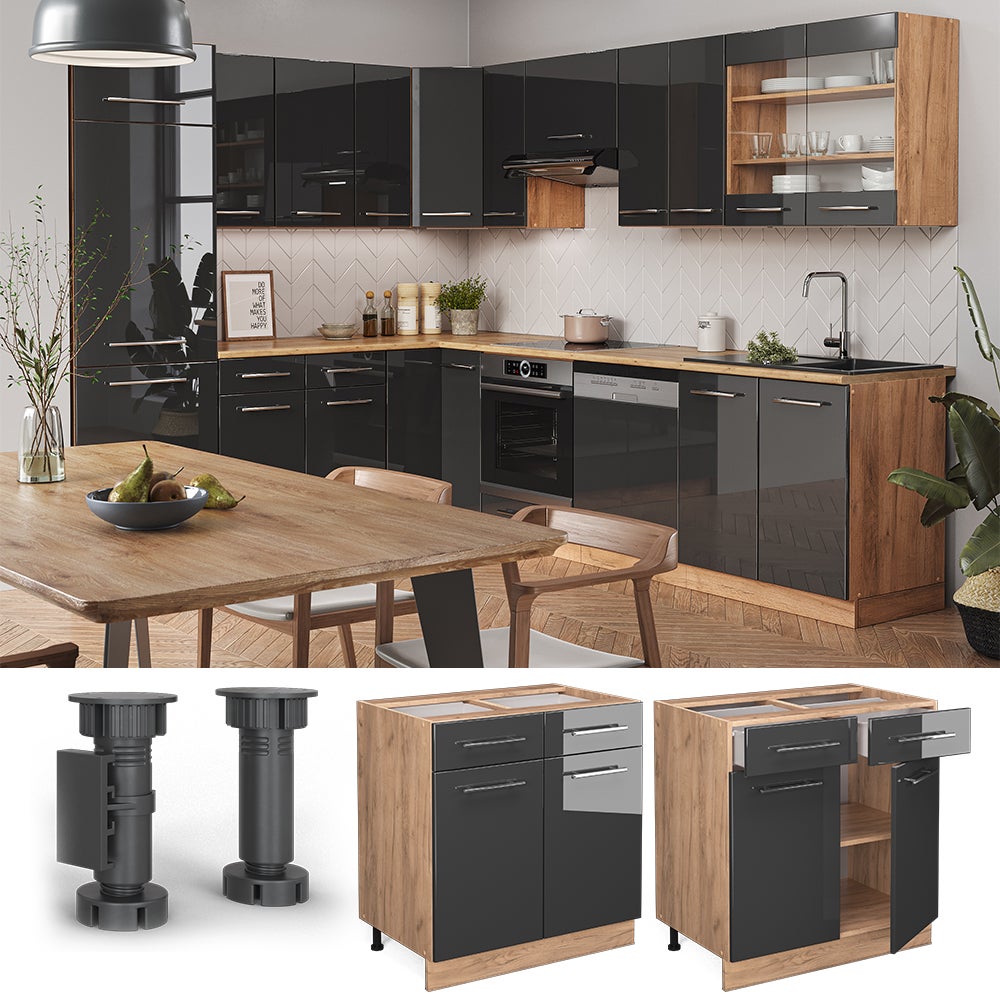 Vicco Meuble cuisine Fame-Line, Anthracite Haute brillance, 80cm avec tiroir, sans PT - 2