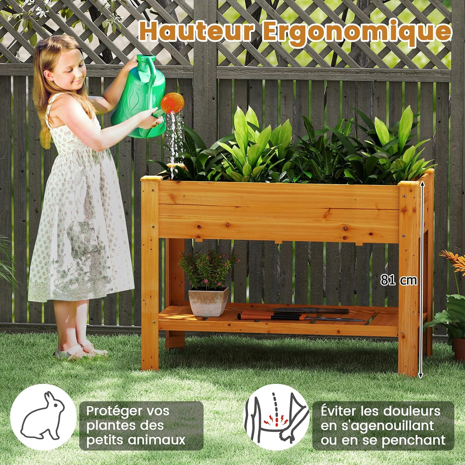 Jardinière Surélevé en Bois avec Trou de Drainage, Lit de Jardin avec Pieds et Étagère, Bac de Culture pour Plantes Fleurs Végétaux (Marron) - 6