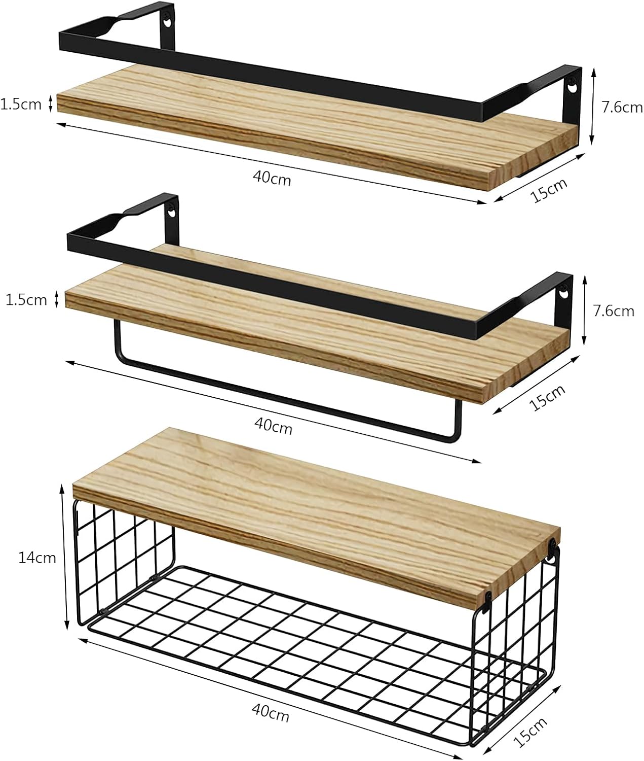 Lot de 3 Étagère Murale Bois avec Panier de Rangement en Fil métallique, Lot de 3 + 1 (Rustique) - 2