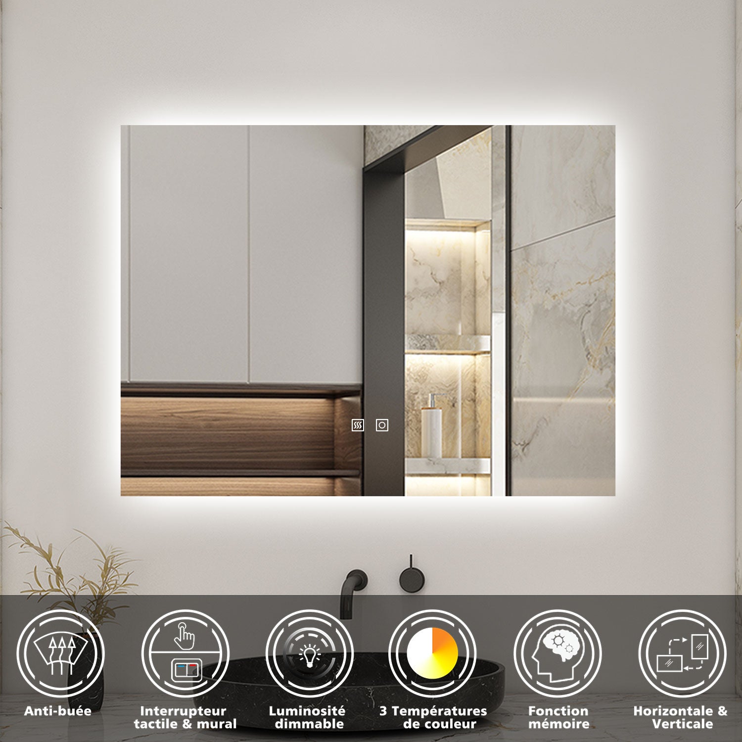 AICA LED Miroir lumineux 70x50cm 3 couleurs + anti-buée + dimmable + mémoire miroir salle de bain - 2