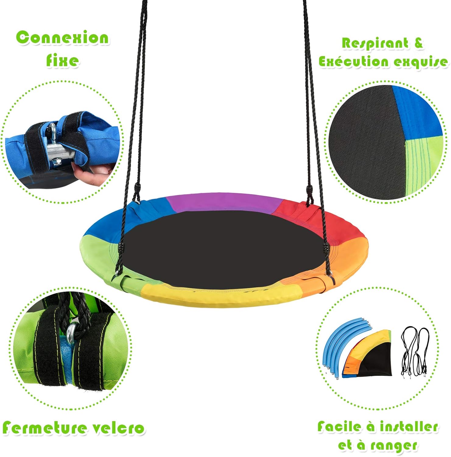Balancoire Nid d’Oiseau Rond 100 CM a Suspendre, Grande Balancoire Ronde avec Hauteur Reglable de 100 a 160 CM - 4
