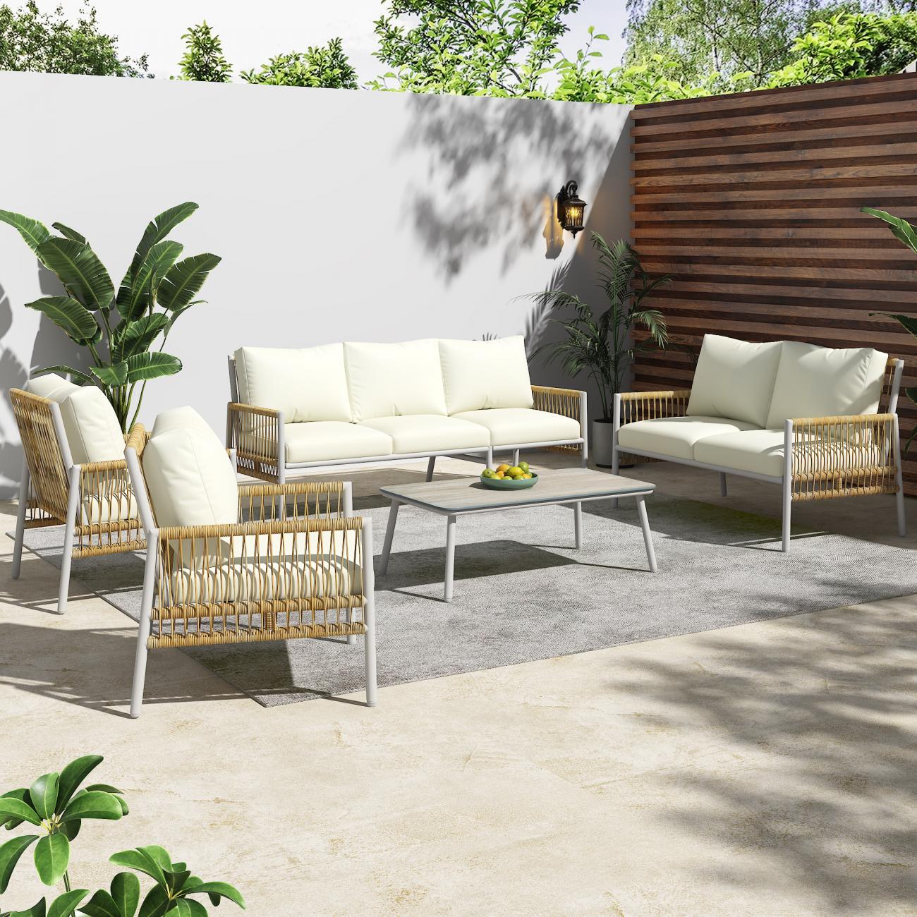 Ensemble de Jardin 7 Places avec Canapé, Table Basse en Verre Trempé, PE-Rattan et Structure Acier Zincé, Coussins Amovibles et Lavables - 3