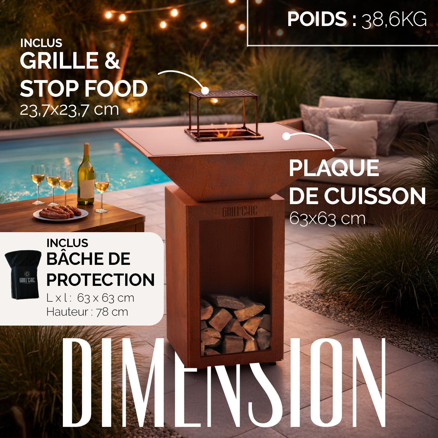 GRILL'CHIC - Pack Privilège Brasero Auvergnat Corten Bois Carré - Simple Cuve - Avec Bâche + Grille + Stop Food Inclus - 3