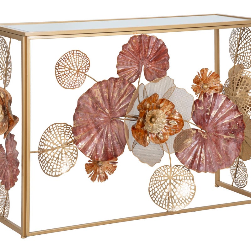 Złoty metalowy stolik konsolowy z lustrzanym szklanym blatem i kolorowymi dekoracjami kwiatowymi - 114x41,5x80 cm