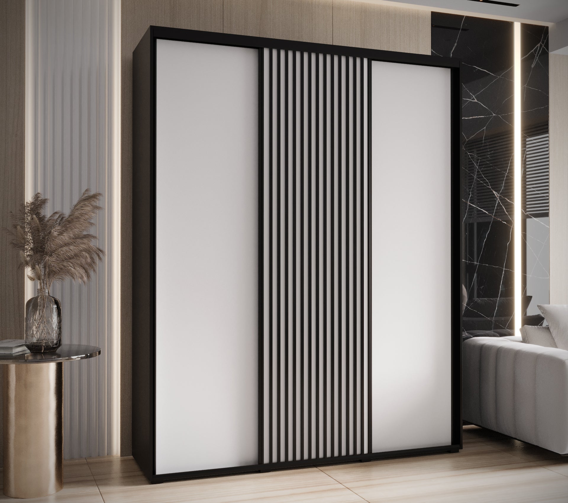 Szafa przesuwna wysoka Lanko 1 200 x 60 x 235,2 cm czarny + biały + lamele czarny - Abiks Meble - 2