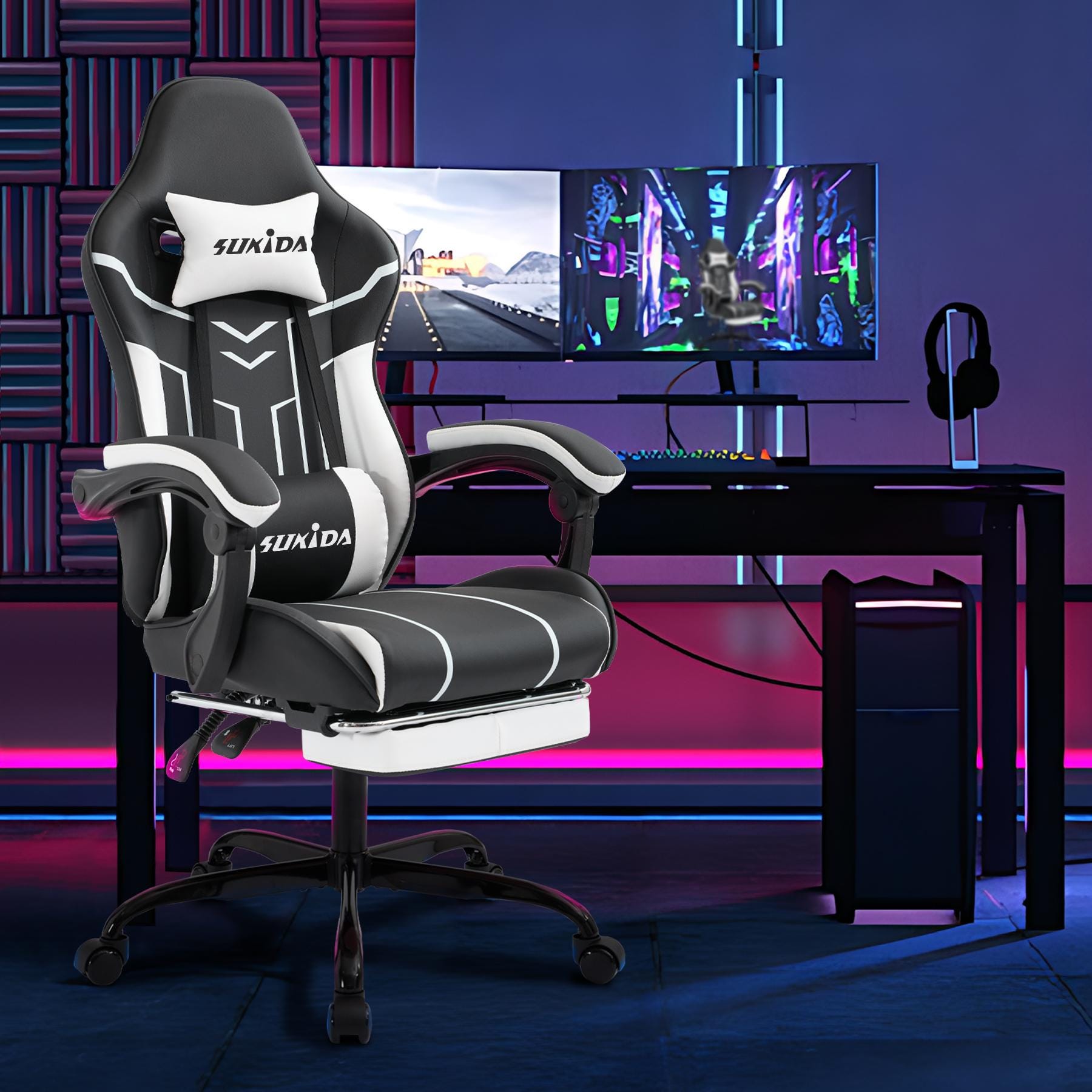 Sedia Da Gaming Bigzzia - Ergonomica Con Cuscino Lombare E Poggiatesta Regolabile | Per PC E Ufficio (Bianca) - Foto 4