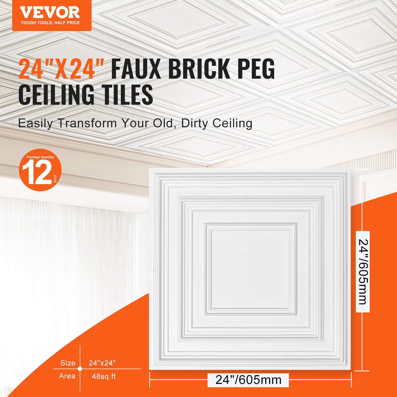Dalles de Plafond PVC VEVOR, Lot de 12, Plaques Décoratives 605 x 605 mm à Coller, Revêtement Blanc Texturé 3D - 2