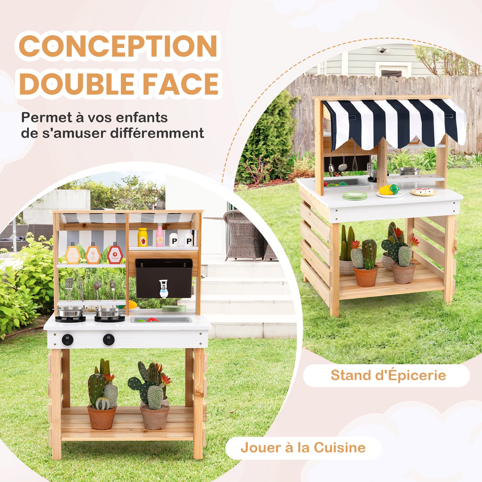 Cuisine Enfant Double Face avec Réservoir à Eau & Evier Amovible, Jeu de Cuisine en Bois avec Auvent & 6 Accessoires, pour 3 Ans+, Naturel - 4