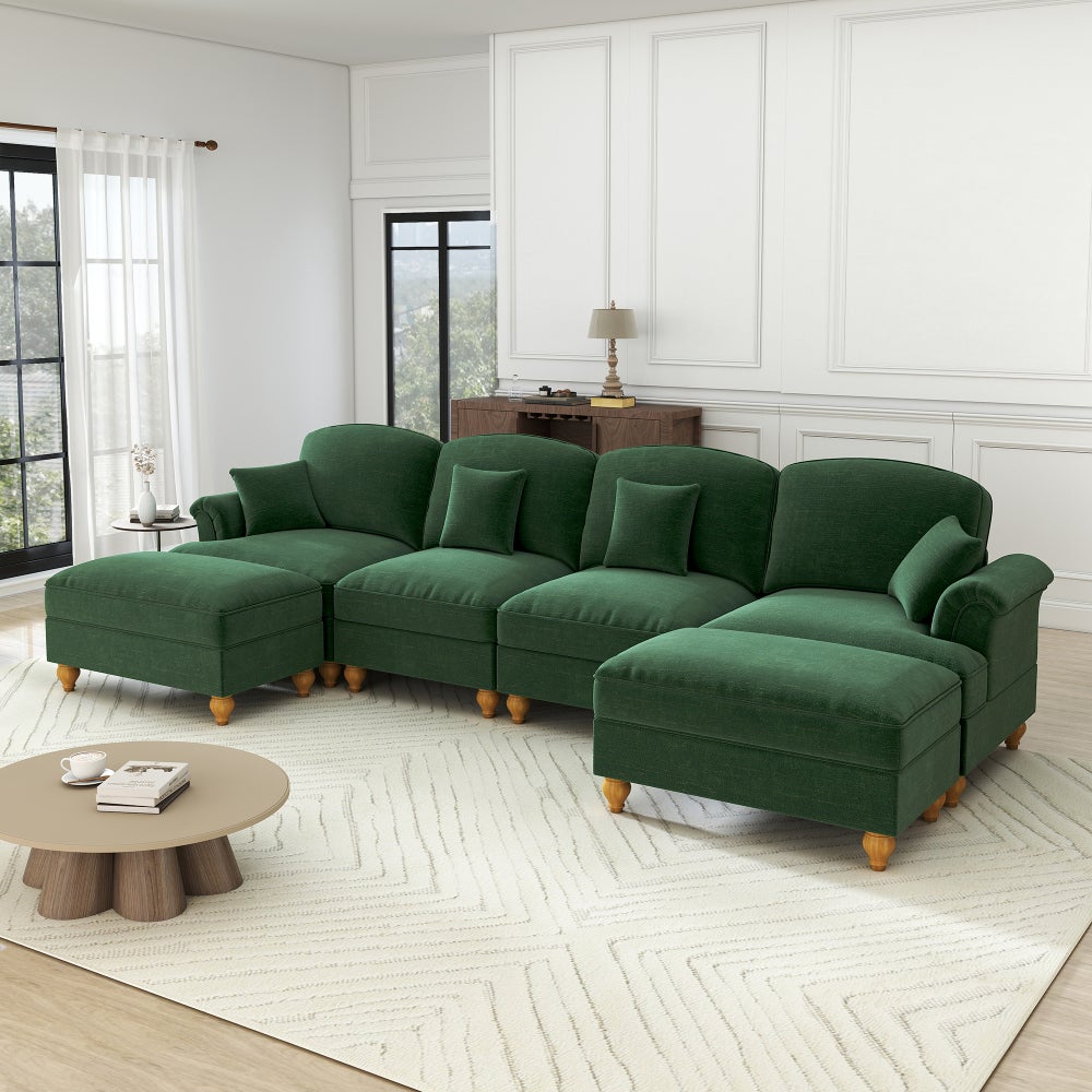 Sofa Cloud, modułowa, w kształcie litery U, 4-osobowa, z pufem, zielona