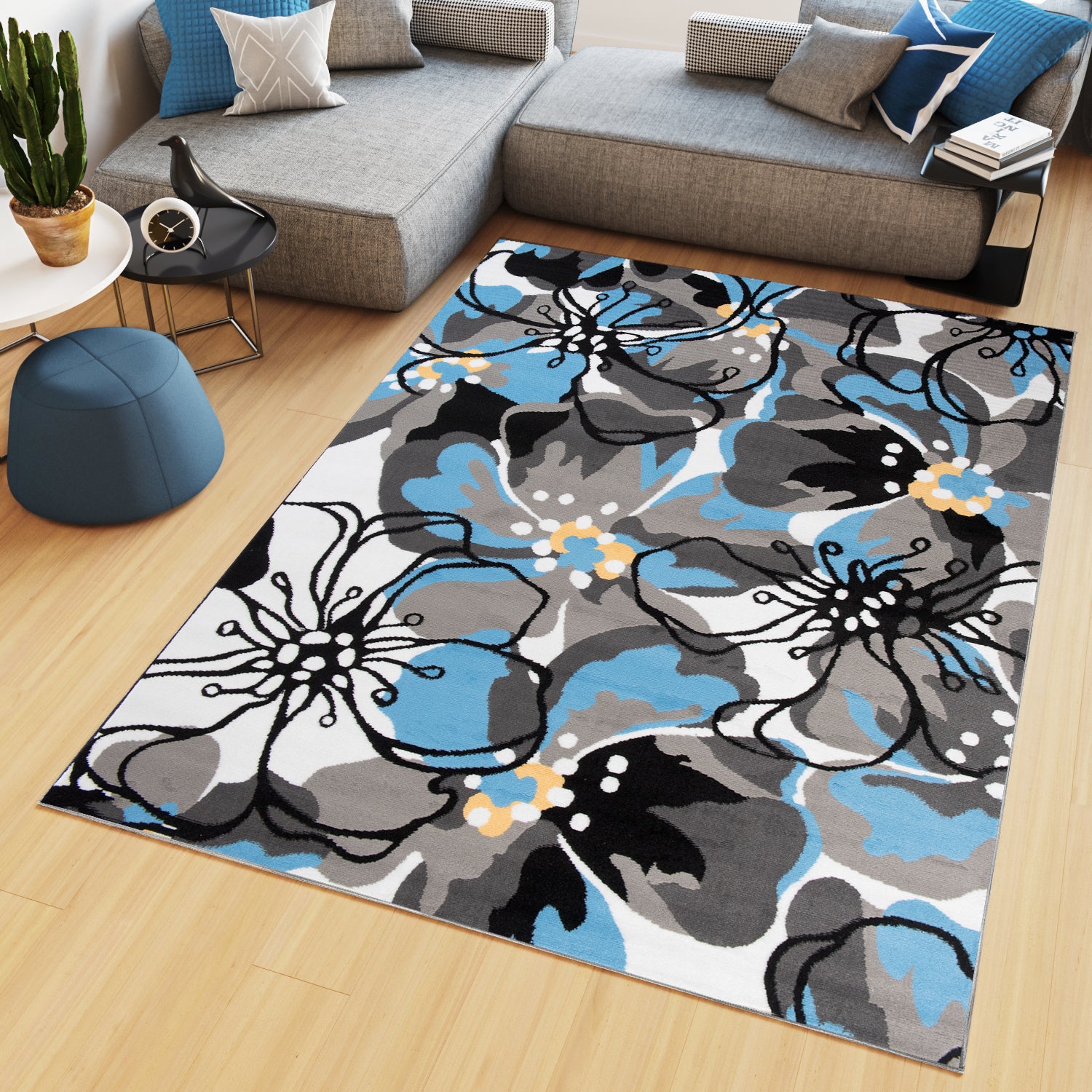 Tapiso maya alfombra de salón sala comedor diseño moderno azul gris negro blanco flores hojas delgada 160 x 230 cm