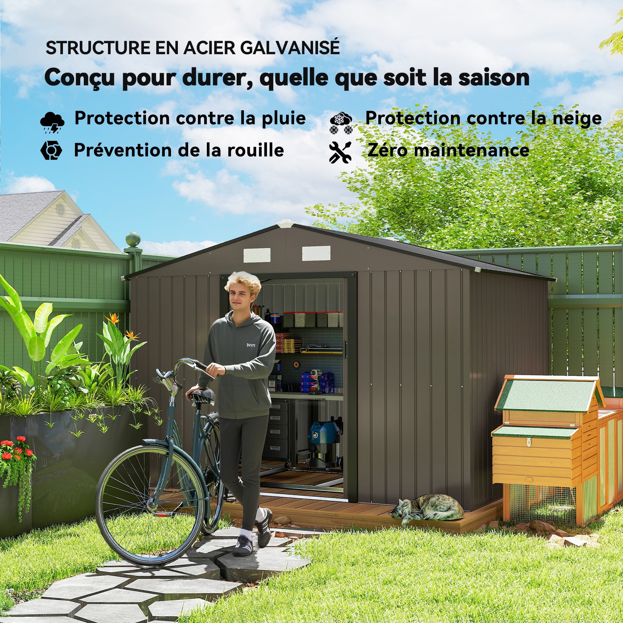 Abri de jardin - Outsunny - 5,4m² - kit de fondation, porte coulissante verrouillables 4 aérations - 277x195x192cm - marron - 4