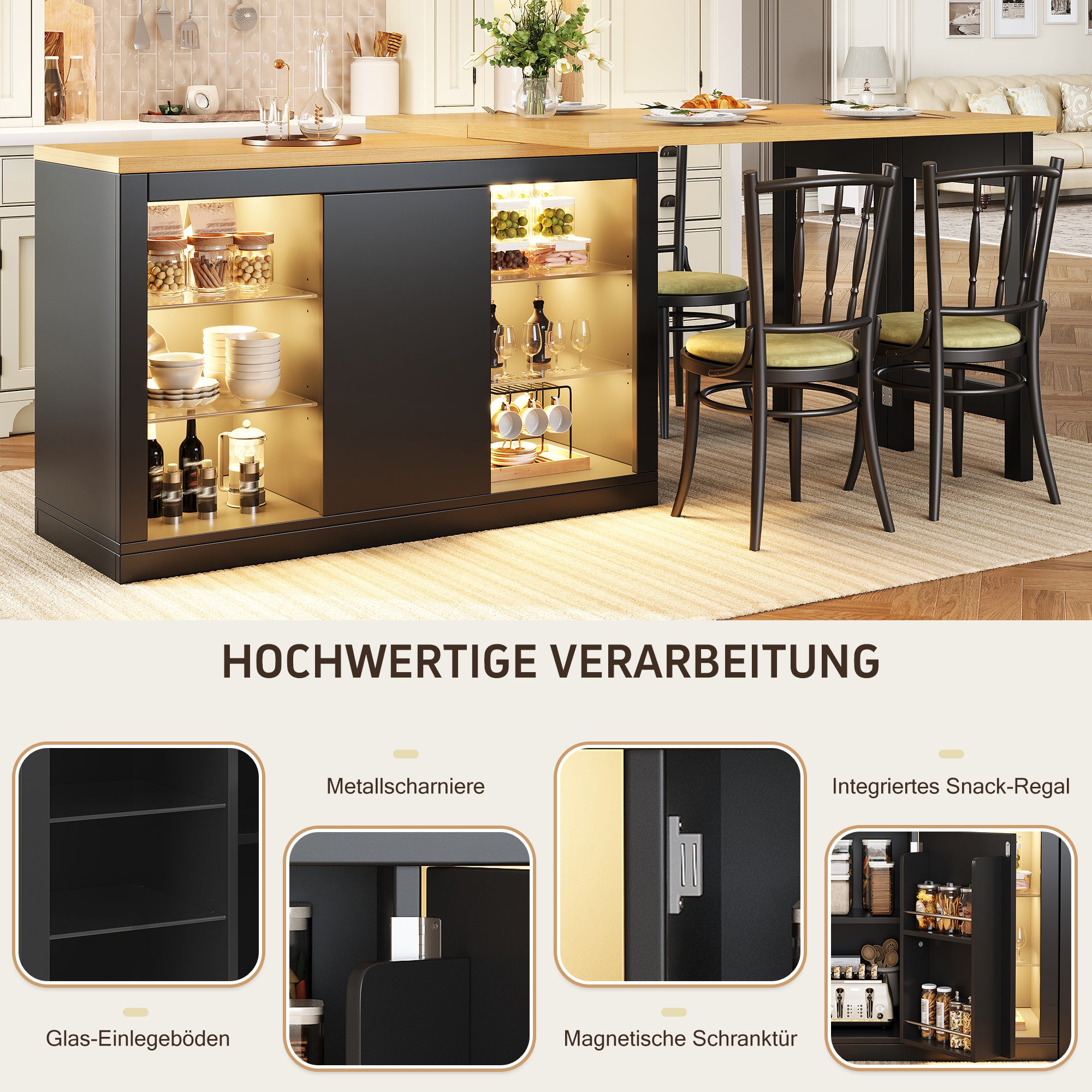 Table de cuisine îlot extensible 120-197x40x72 cm, rotation 360°, avec LED RGB, portes magnétiques, étagères en verre, MDF, Noir - 6