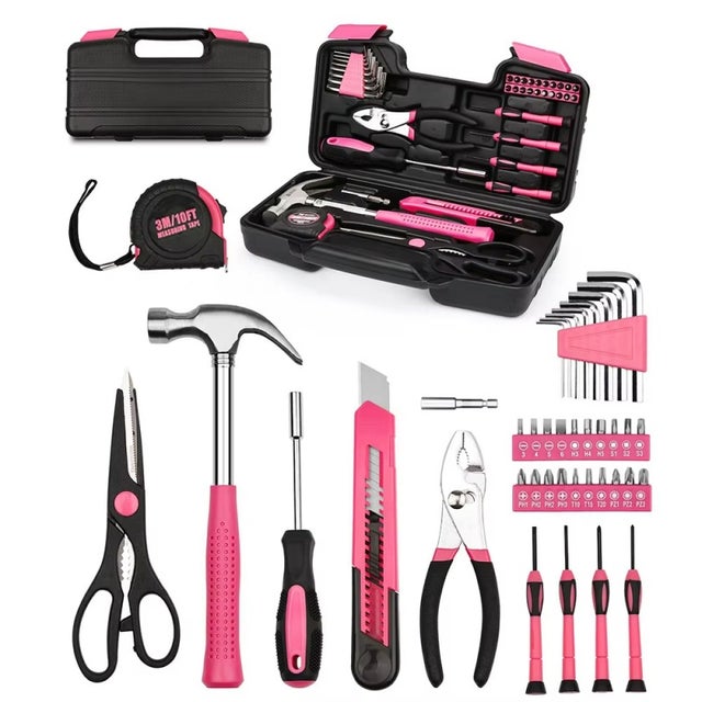 Coffret d'outils de réparation rose de 39 pièces, boîte à outils pour le bricolage, boîte à outils pour la maison, boîte à outils pour voiture