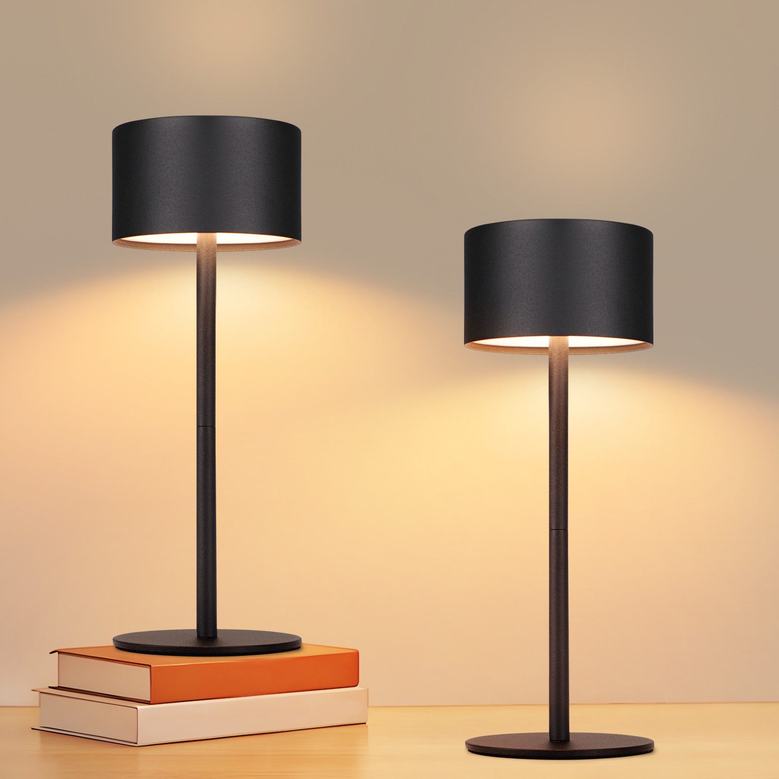 NETTLIFE Bezprzewodowa lampa stołowa LED, 2 sztuki: ściemnialna lampa stołowa dotykowa z 3 temperaturami barwowymi, regulowana wysokość, USB