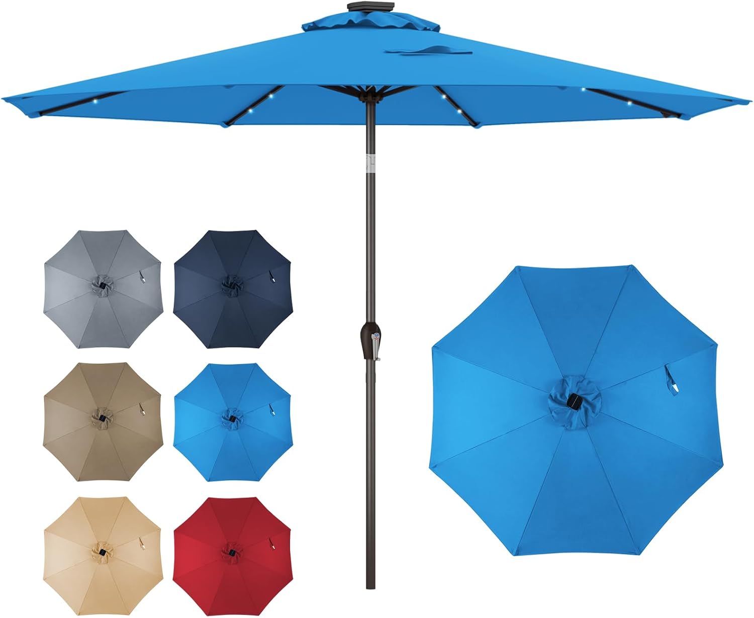 Parasol Ogrodowy 3M, Parasol z Regulacją Nachylenia, 8 Żeber, Podświetlenie Słoneczne 24 LED, Korba, Ochrona przed UV, Duży Parasol, Niebieski