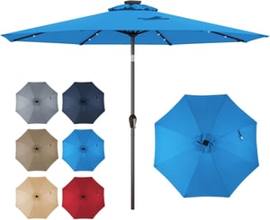 Parasol de Jardin 3M, Parasol Inclinable 8 Baleines, Lumineux Solaire 24 LED, Manivelle, Anti-UV, Grand Parasol pour Plage, Balcon, Patio, Bleu