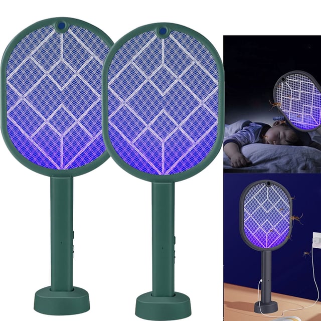 Acchiappa-zanzare elettrico 2 in 1, scaccia-zanzare elettrico ricaricabile con luce LED e base, tensione 3000 V, verde
