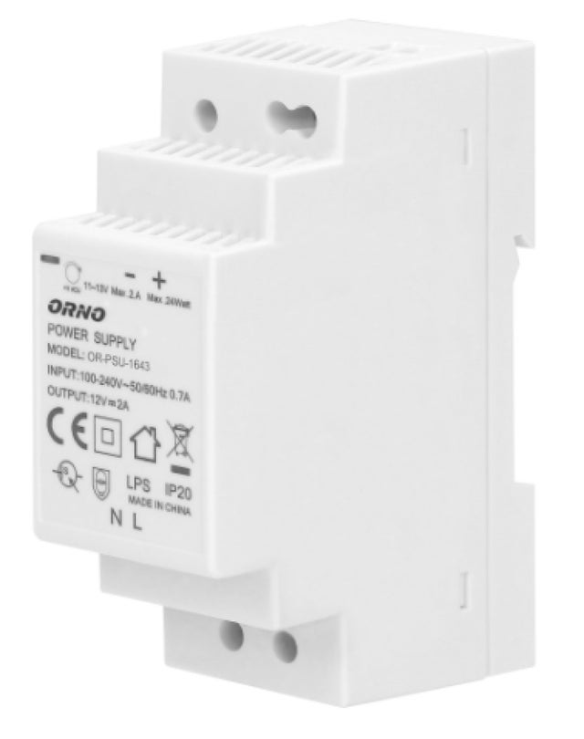 ORNO PSU-1643 Alimentatore 12V DC su Guida DIN TH35 /2A / 24W Larghezza da 2 Moduli