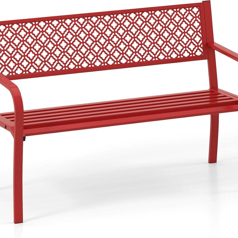 Ławka Ogrodowa na 2 Osoby, 127x59x81 cm, Metalowe Siedzisko z Oparciem, Podłokietnikami i Wygiętym Siedziskiem, Klasyczny Design z Listwami (Czerwona)