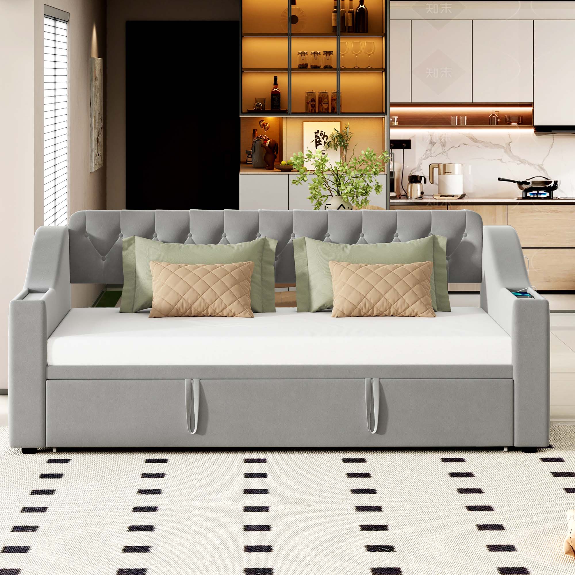 Canapé-Lit Gigogne En Bois Massif 90/180x190 Cm - Avec 2 Tiroirs, Prise USB Et Rangement Intégré