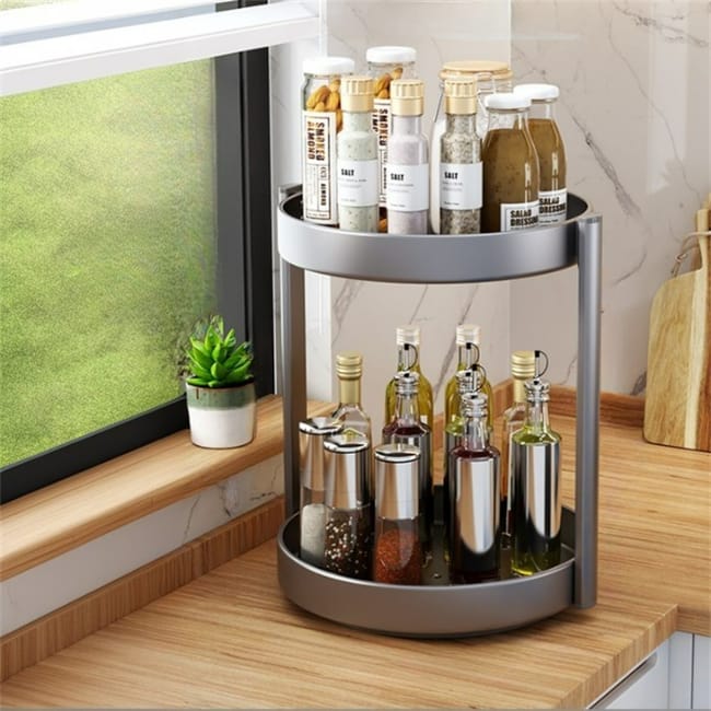Obracana półka na przyprawy, wielofunkcyjny organizer kuchenny, pudełko do przechowywania przypraw, ciemnoszary, 2 poziomy, 30 cm