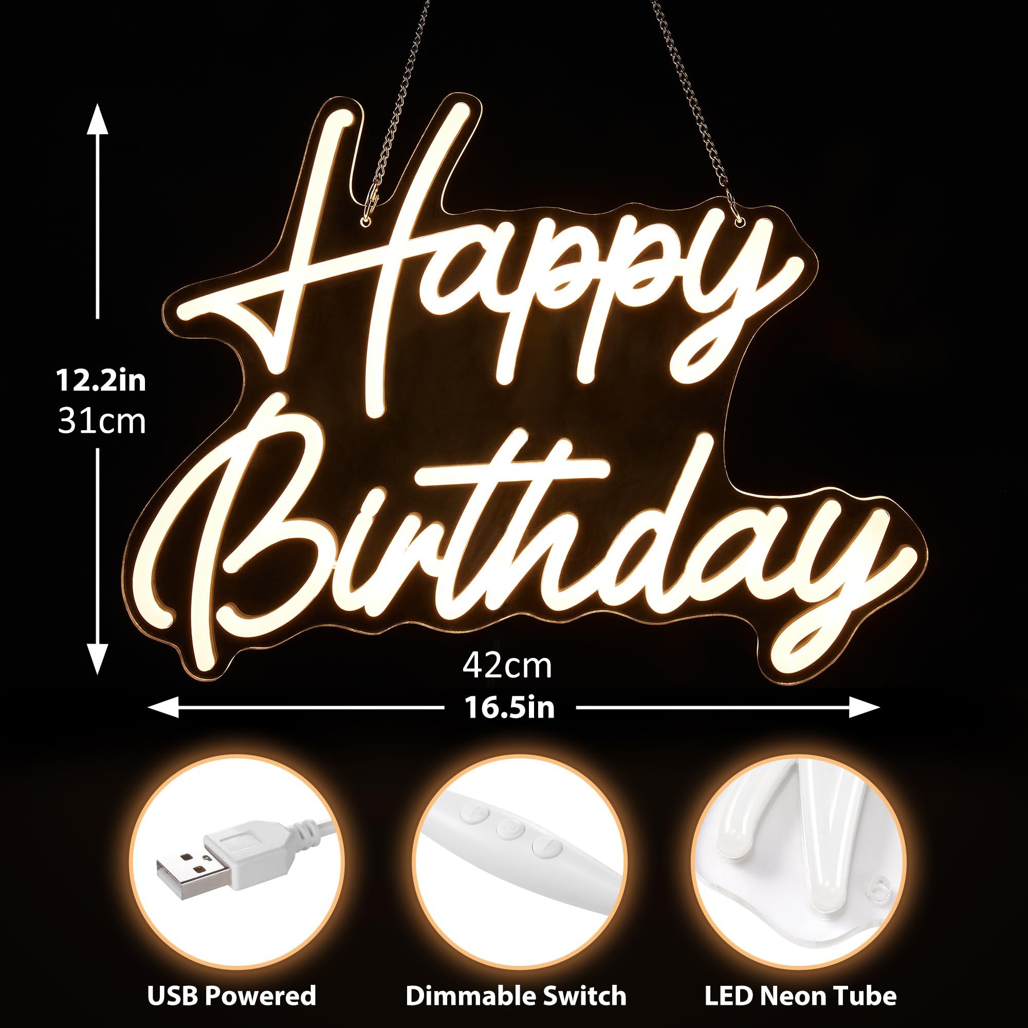 Panneau lumineux « Joyeux anniversaire » 42 x 31 cm, pour toile de fond avec variateur d'intensité, décoration de fête (blanc chaud) - 3