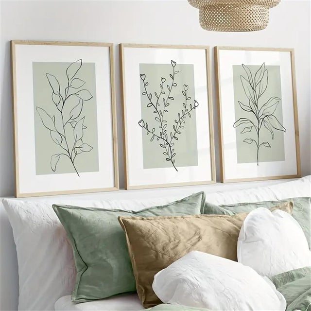 Lote de 3 pósteres de alta calidad - Diseños: salvia y plantas verdes - Arte abstracto - Para salón y dormitorio - Sin marco - 40 x 50 cm
