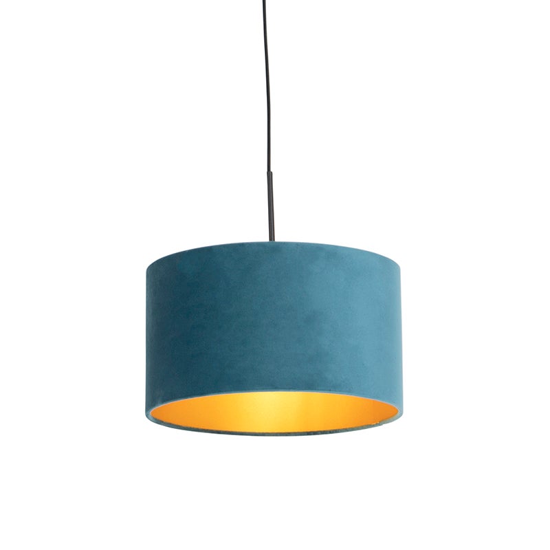 Lampa wisząca z niebieskim abażurem z weluru ze złotem 35 cm - Combi