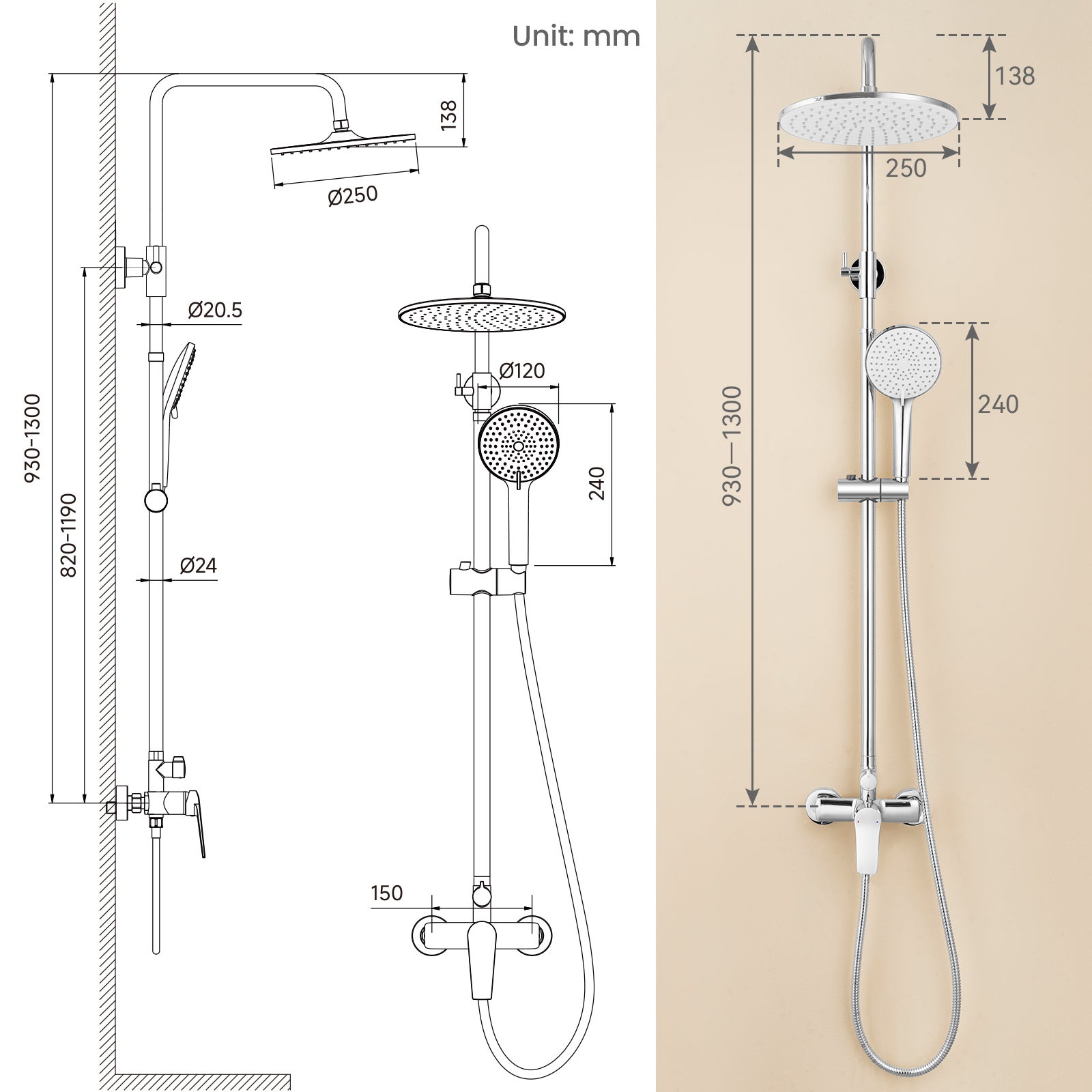 Auralum max Système Douche,avec Mitigeur Laiton,Colonne Douche Hauteur Réglable,Tête Douche Ronde 25 cm,Douchette 3 Jets,Acier Inoxydable,Chromé - 6