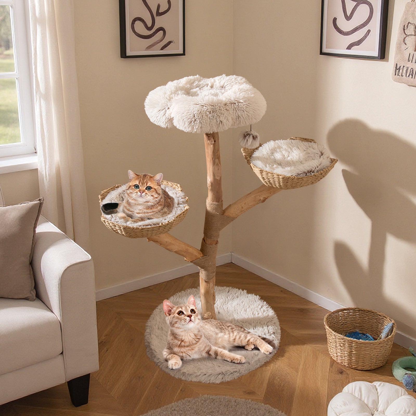 Arbre a Chat XXL 122 cm, Arbre a Chat en Bois Massif, 2 Paniers en Rotin, 2 Plateformes, Poteau à Griffer en Jute, Tour pour Chaton, Pompon Suspendu - 4