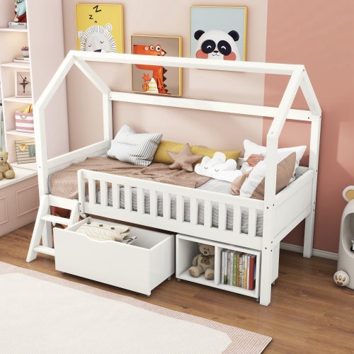 Lit De Sol Montessori 90x200 Cm En Pin - Avec Protection Anti-chute Et Sommier à Lattes, Pour Enfant