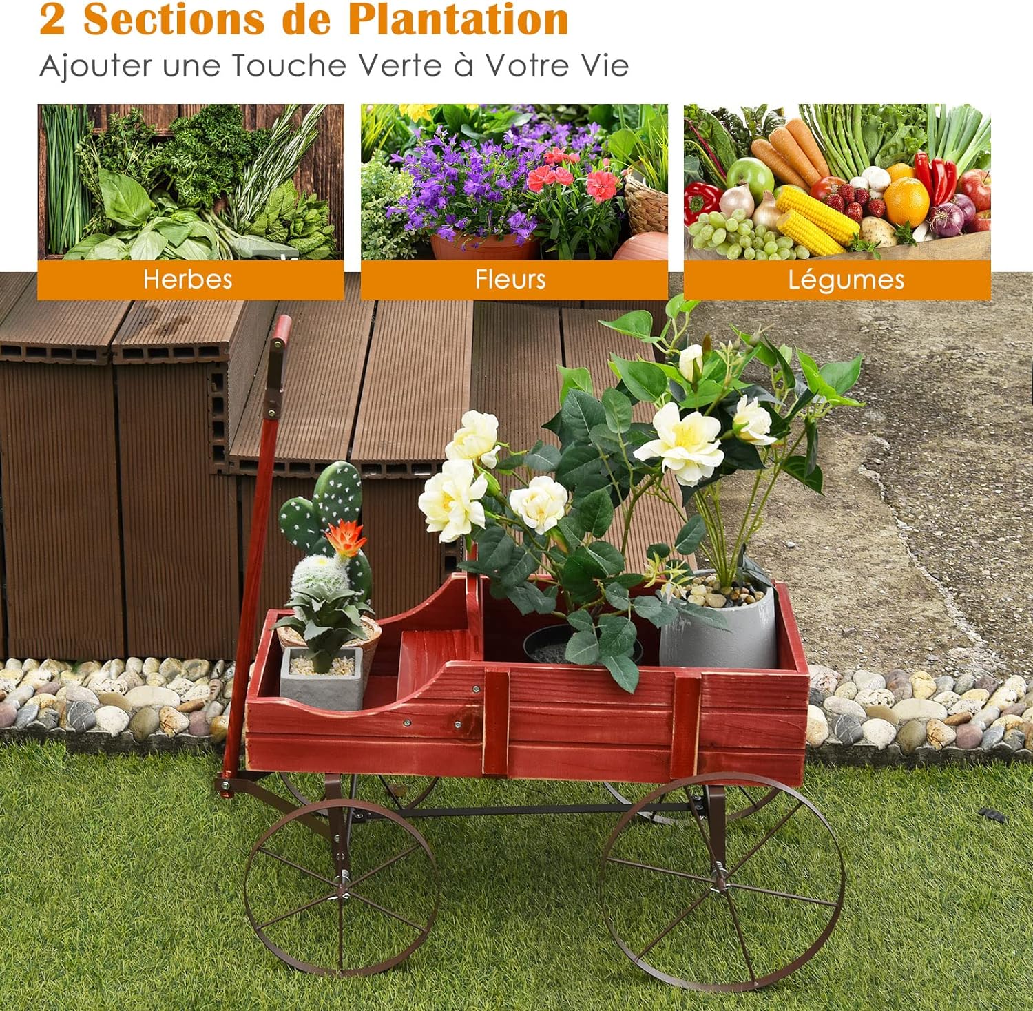 Brouette Décorative en Bois- 35×62,5×60cm- 2 Compartiments à Plantere-Jardinière Forme Brouette Chariot-Jusqu’à 15kg-Rouge - 9