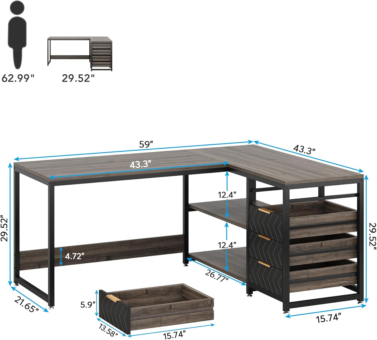 Scrivania A L LVB Con Cassetti E Armadietti - Angolare Reversibile, Legno Rovere E Metallo, Per Ufficio O Gaming