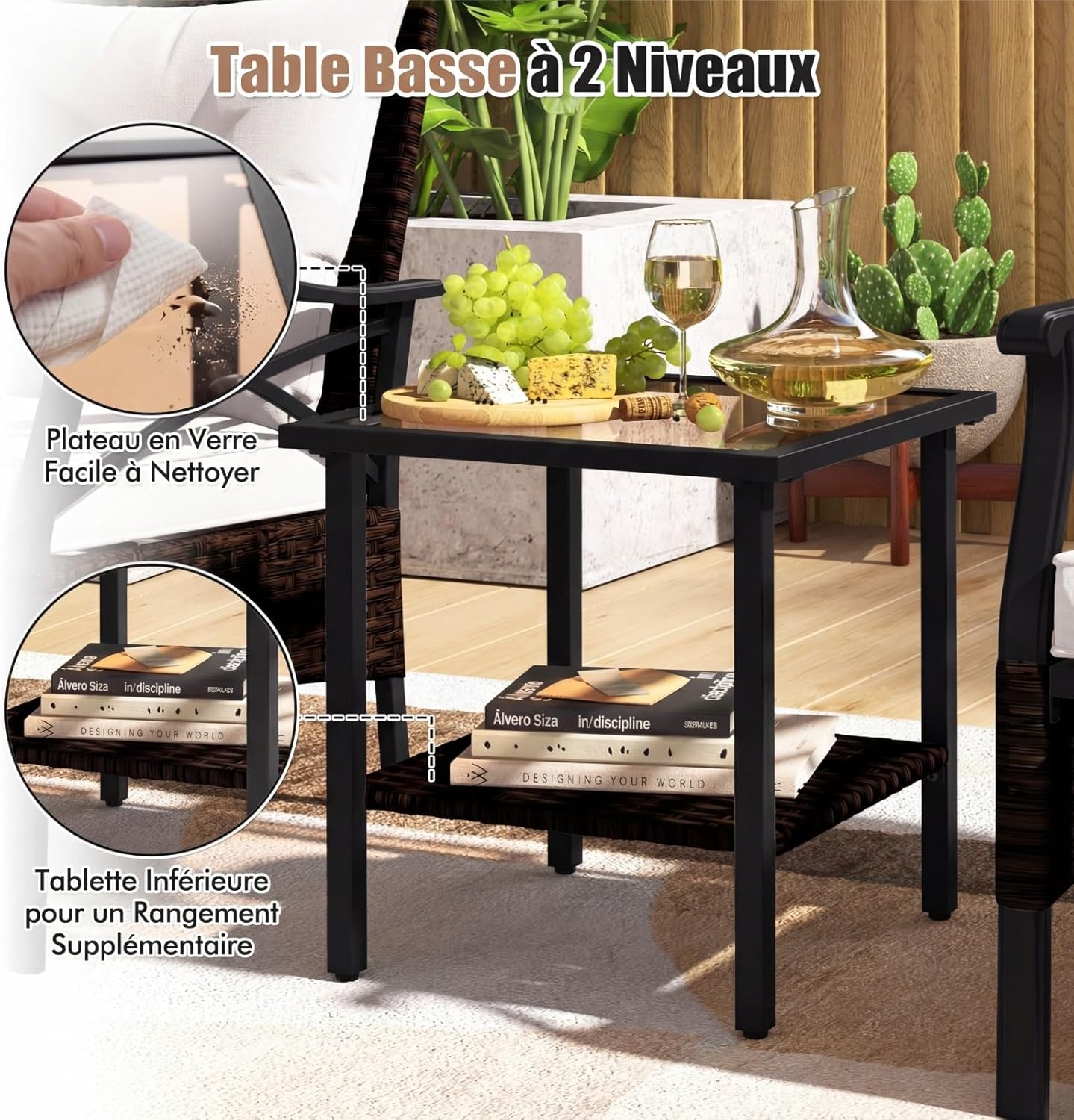GIANTEX Conjunto Móveis Pátio 5 Peças em Rattan, 2 Cadeiras 2 Pufs e 1 Mesa Baixa Tampa Vidro Temperado Almofadas, para Pátio Quintal, Bege - 4